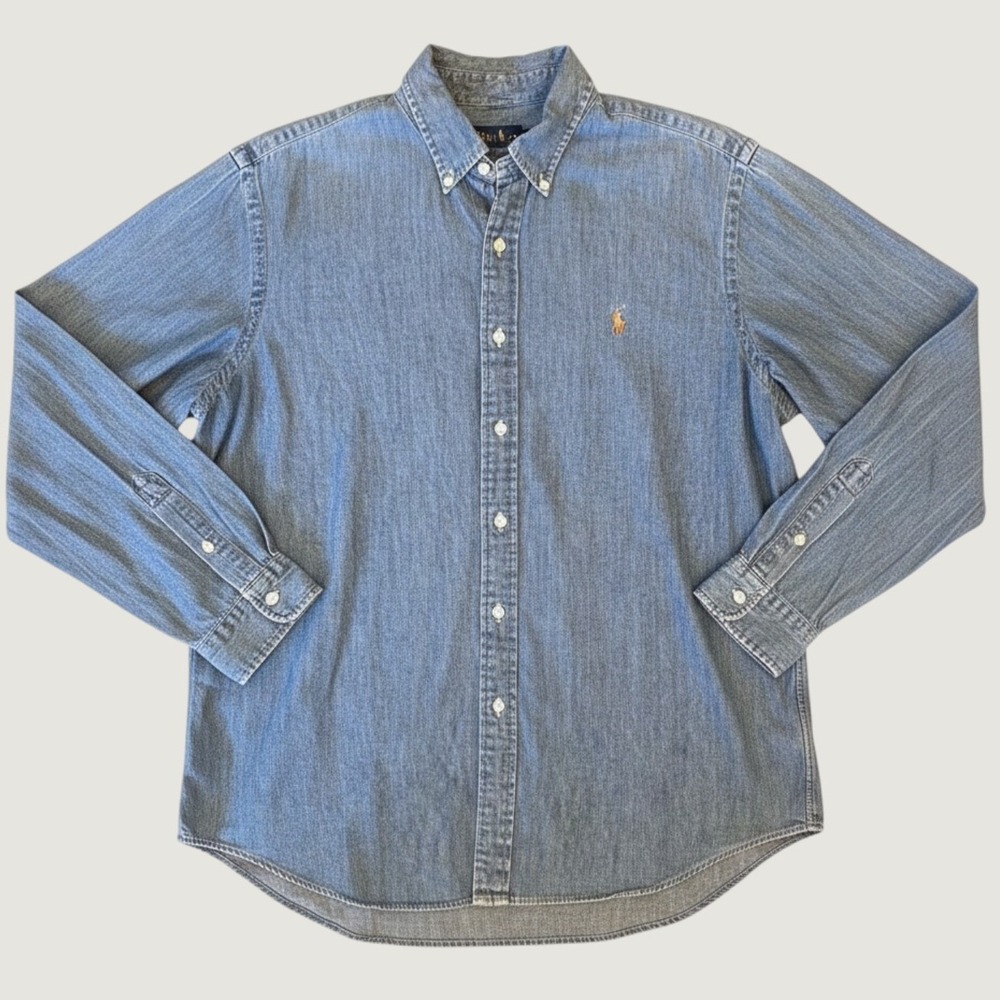 Ralph Lauren Mens XL Blue Denim Button Down Shirt Long Sleeve Embroidered Pony